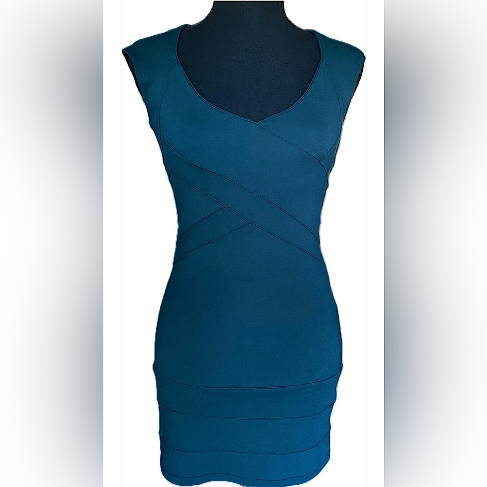 Teal Turquoise Blue Structured Bodycon Mini Dress Cap Sleeve
